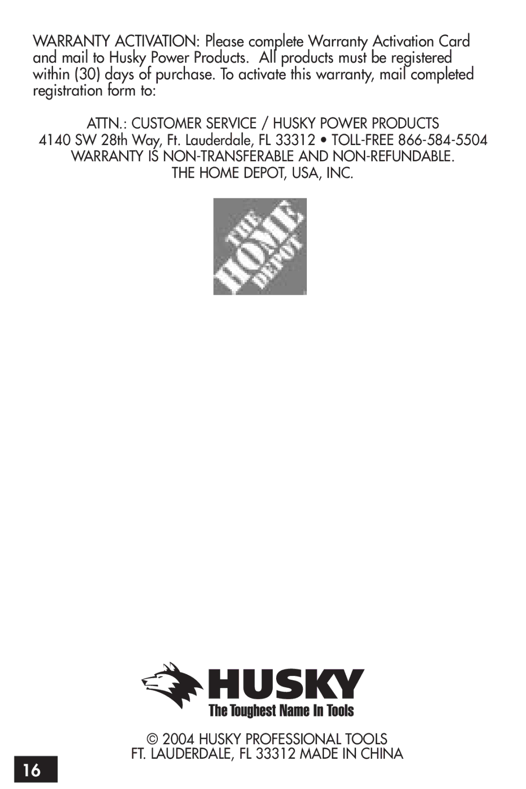 Husky HSK043HD owner manual ATTN. Customer Service / Husky Power Products 