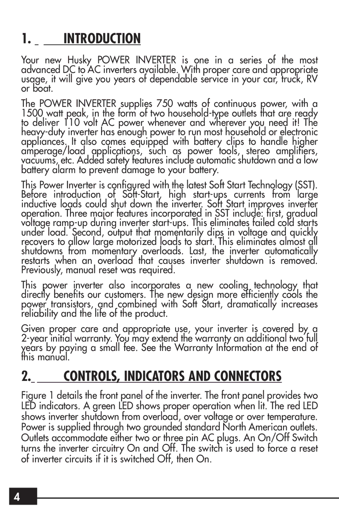 Husky HSK043HD owner manual Introduction, CONTROLS, Indicators and Connectors 