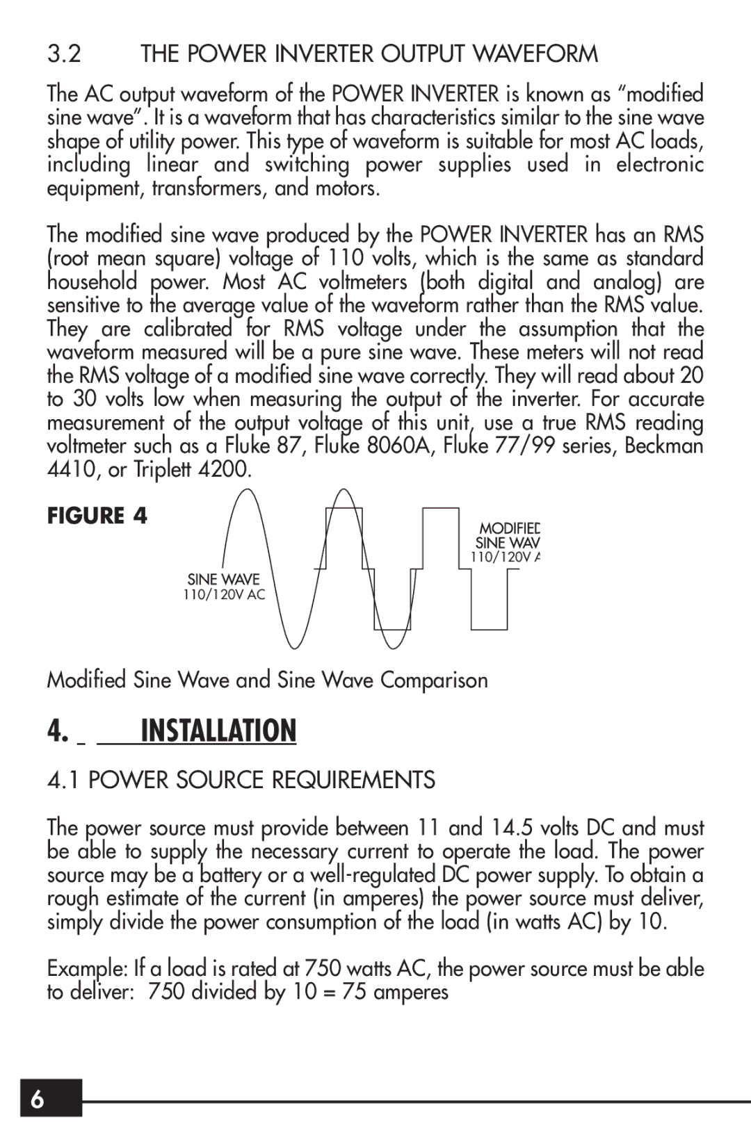 Husky HSK043HD owner manual Installation, Power Inverter Output Waveform, Power Source Requirements 