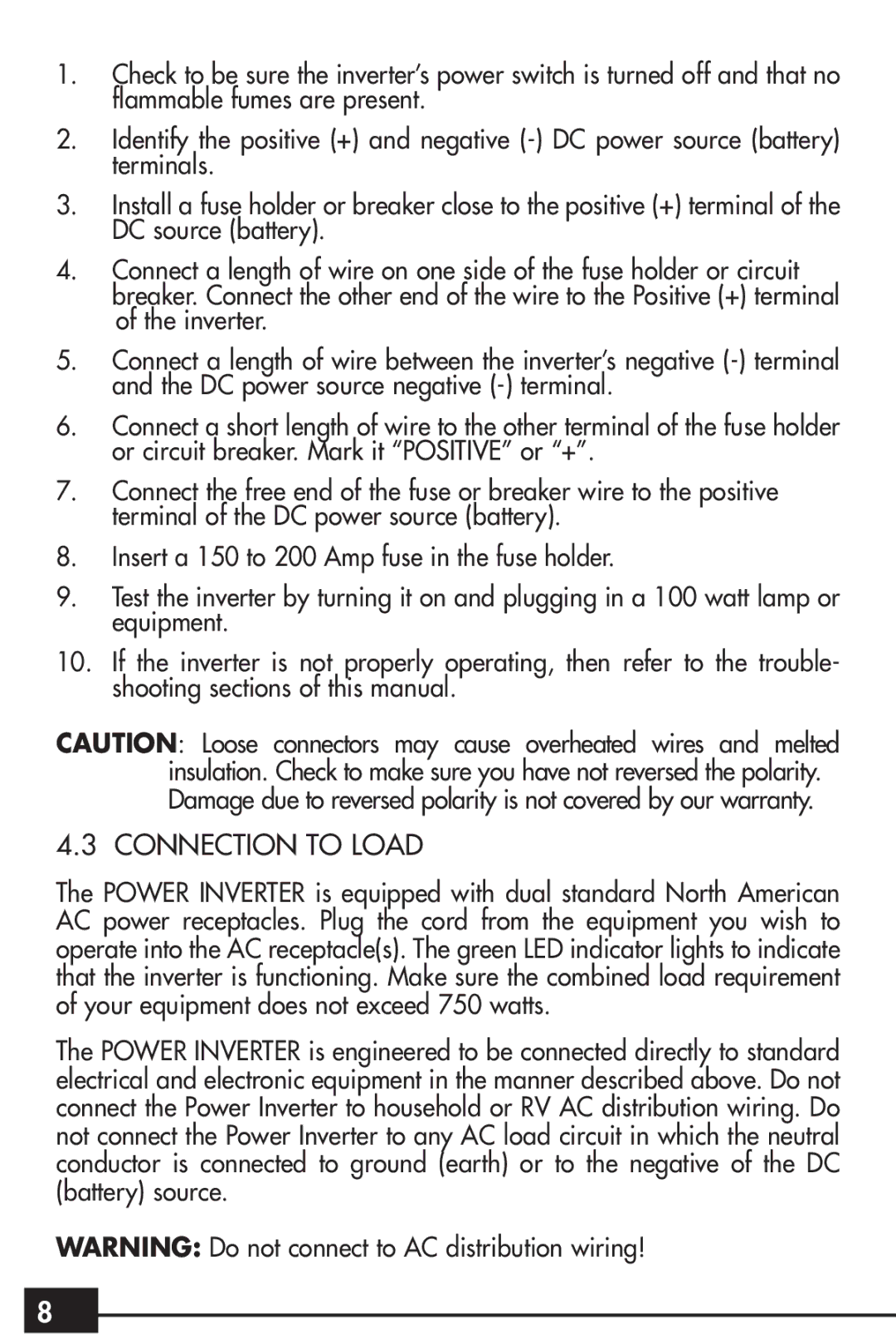 Husky HSK043HD owner manual Connection to Load 