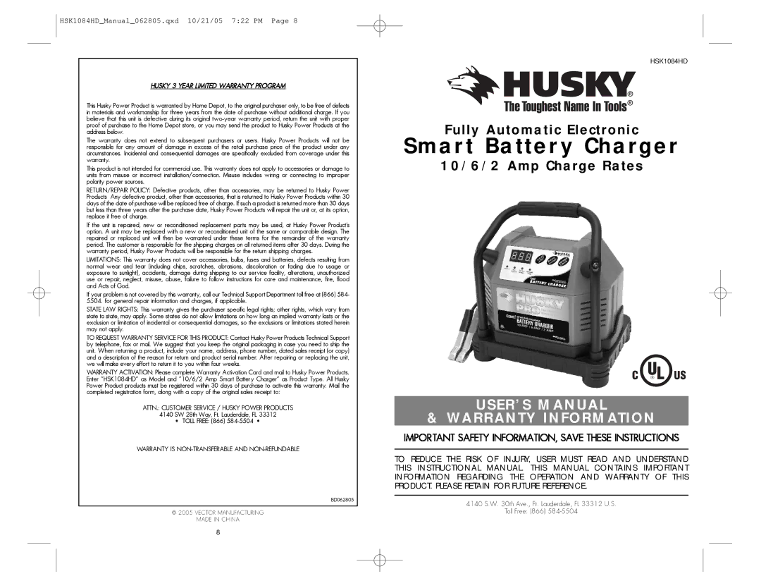 Husky HSK1084HD user manual Smart Battery Charger 