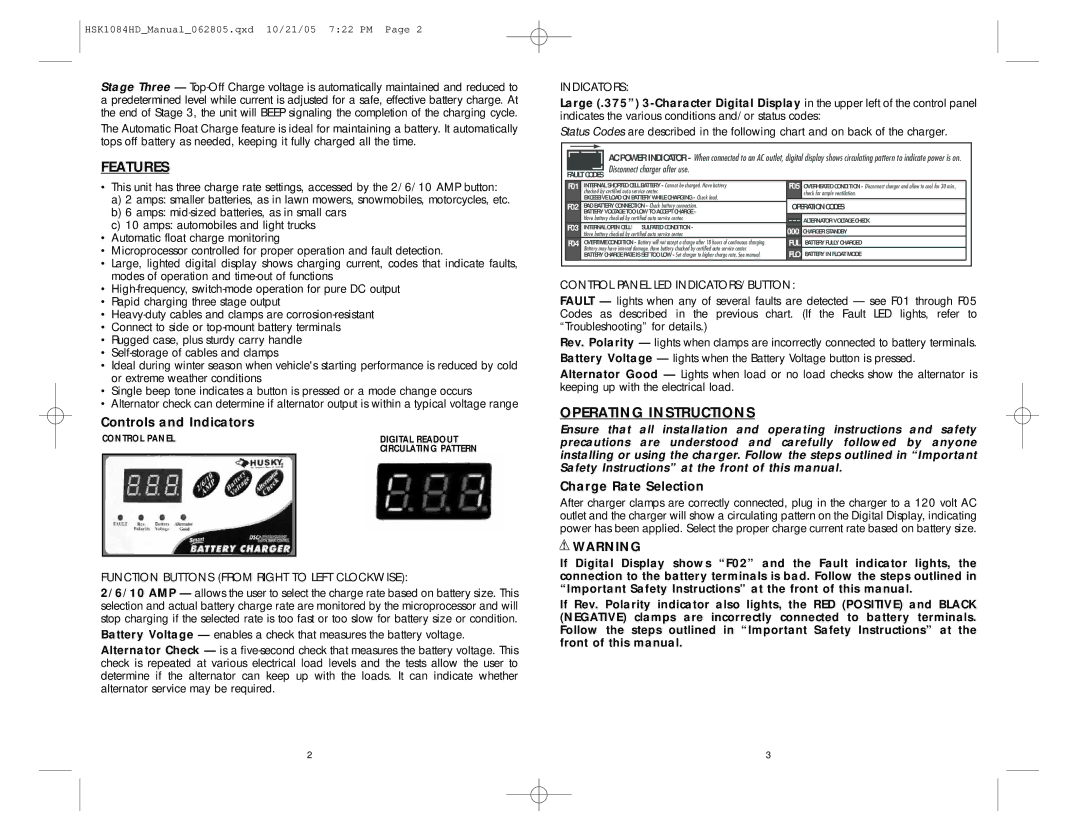 Husky HSK1084HD user manual Features, Operating Instructions, Controls and Indicators, Charge Rate Selection 