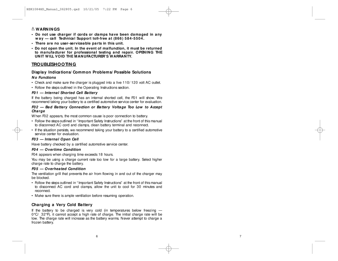 Husky HSK1084HD Troubleshooting, Display Indications/Common Problems/Possible Solutions, Charging a Very Cold Battery 