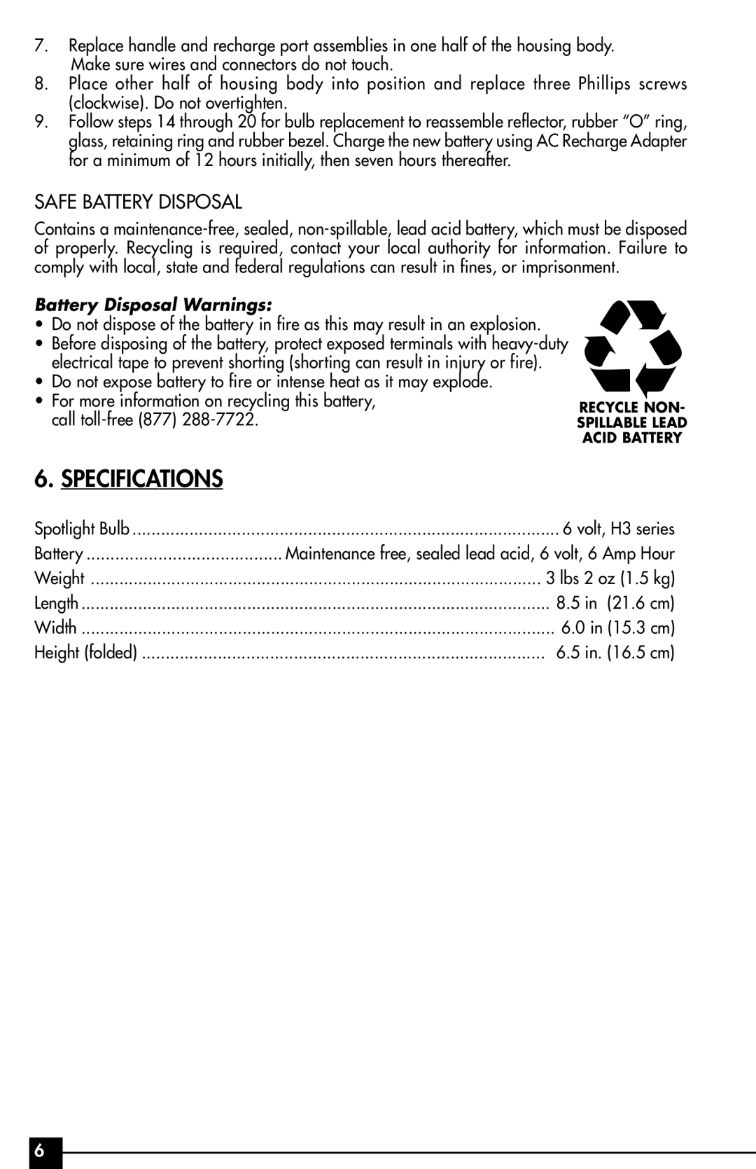 Husky HSK140HD owner manual Specifications, Safe Battery Disposal 