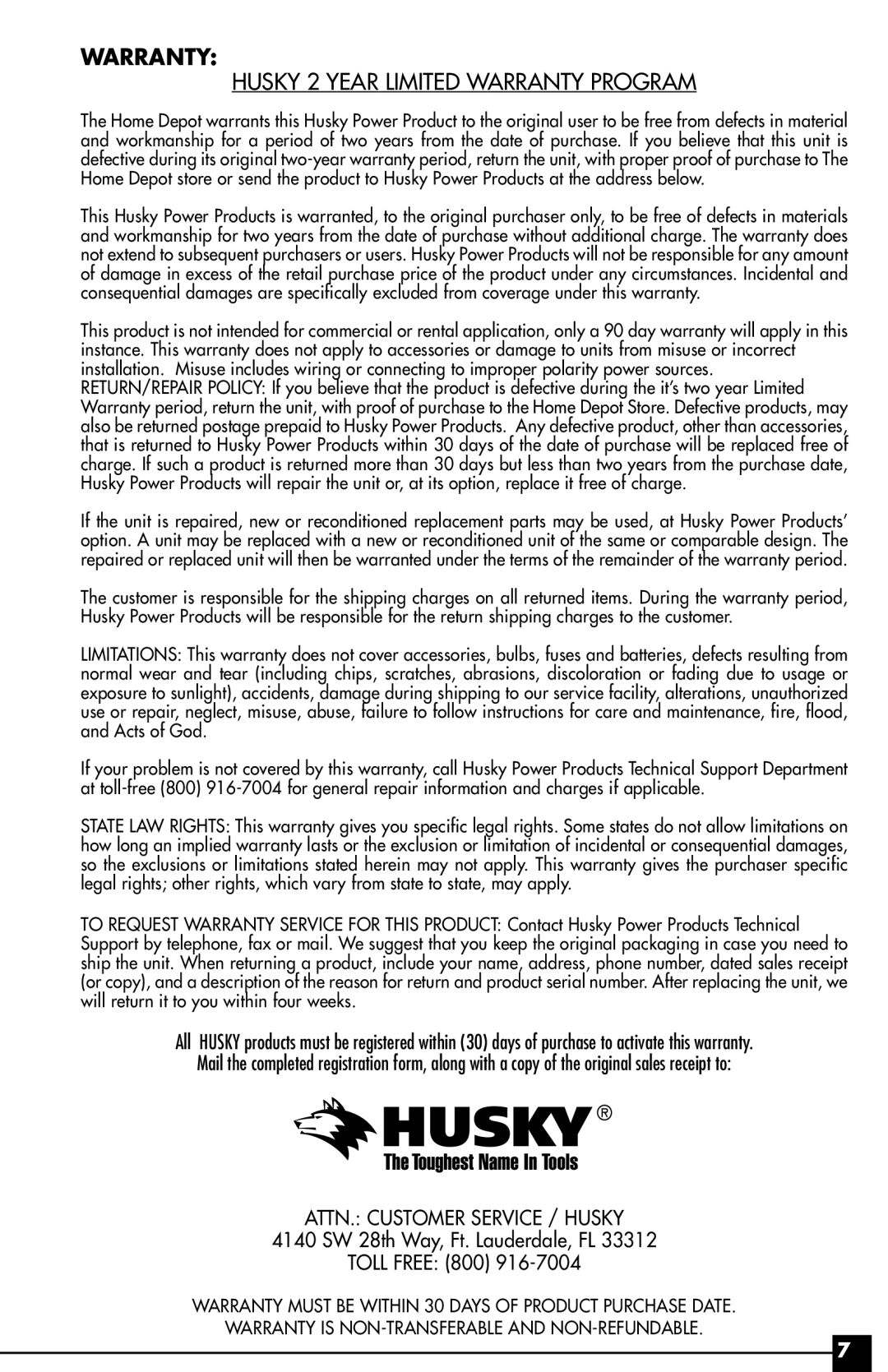 Husky HSK140HD owner manual Husky 2 Year Limited Warranty Program 