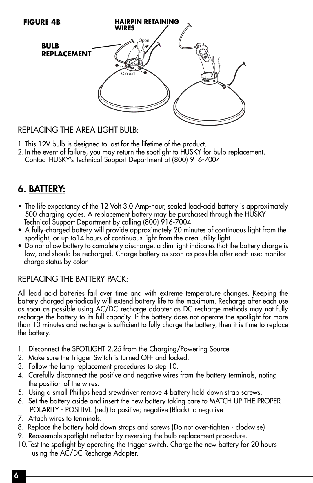 Husky HSK141HD owner manual Replacing the Area Light Bulb, Replacing the Battery Pack 