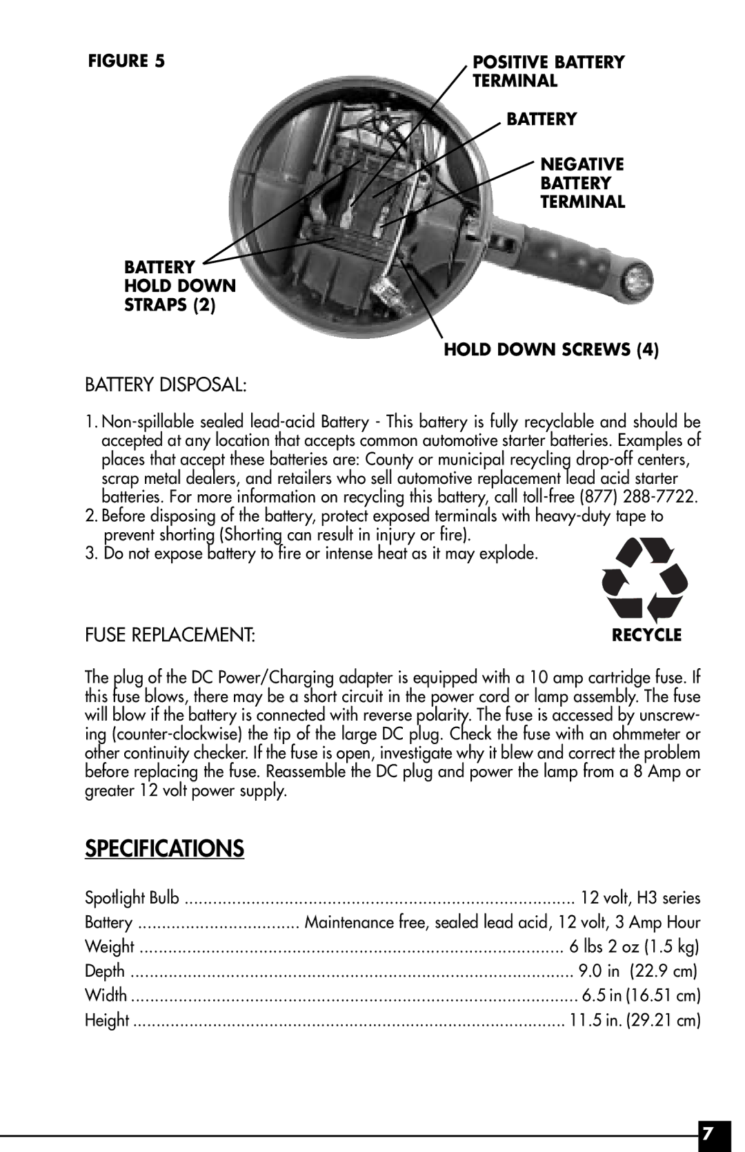 Husky HSK141HD owner manual Specifications, Battery Disposal, Fuse Replacement 