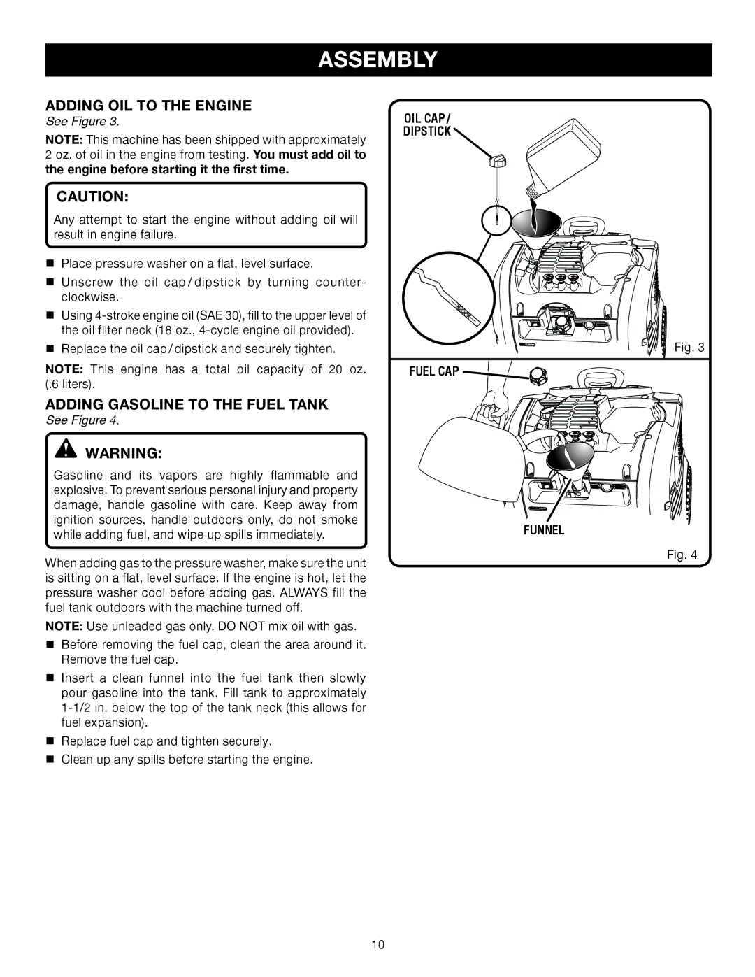 Husky HU80522 manual Adding OIL to the Engine, Adding Gasoline to the Fuel Tank, OIL CAP Dipstick, Fuel CAP, Funnel 