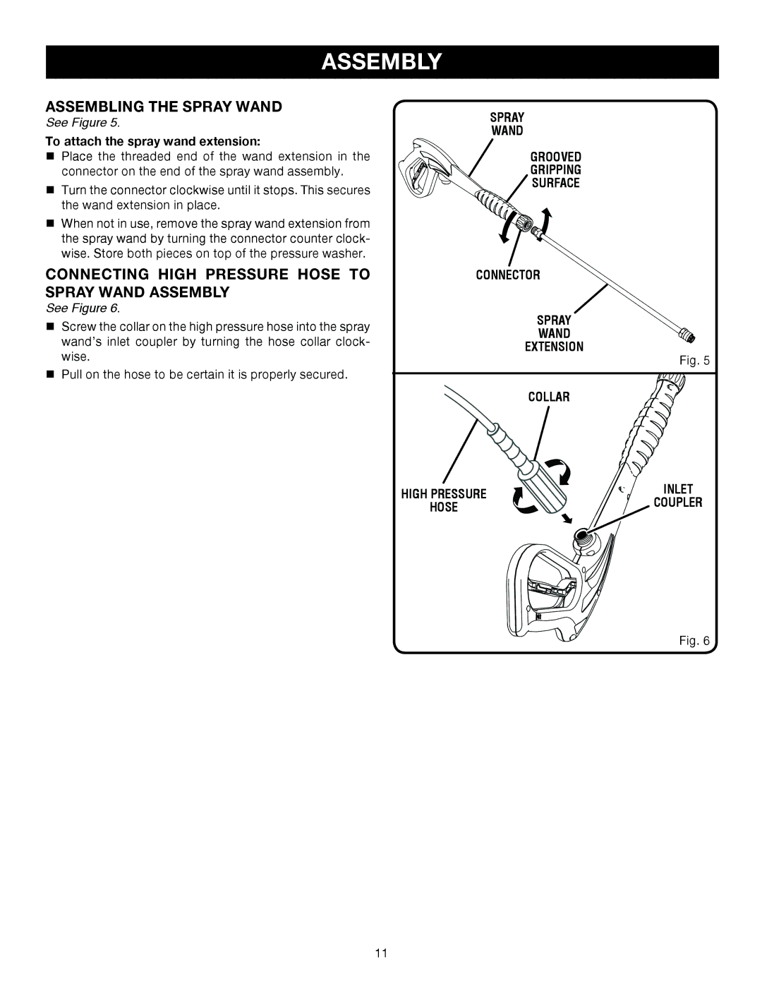 Husky HU80522 manual Assembling the Spray Wand, Connecting High Pressure Hose to Spray Wand Assembly 