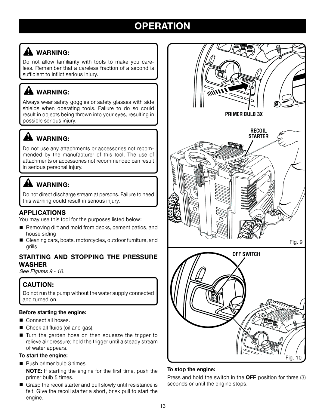 Husky HU80522 Operation, Applications, Starting and Stopping the Pressure Washer, Primer Bulb Recoil Starter OFF Switch 