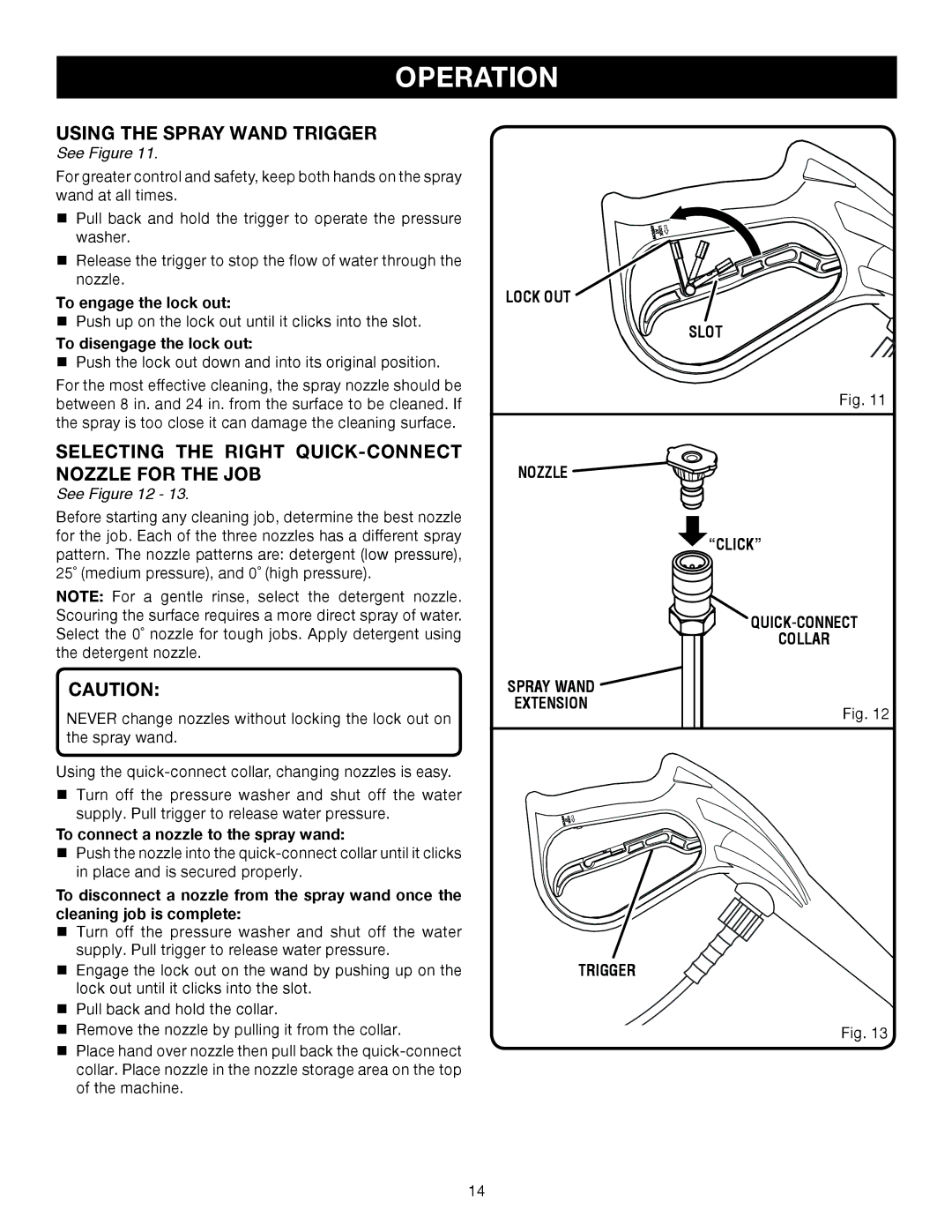 Husky HU80522 manual Using the Spray Wand Trigger, Selecting the Right QUICK-CONNECT Nozzle for the JOB, Click 