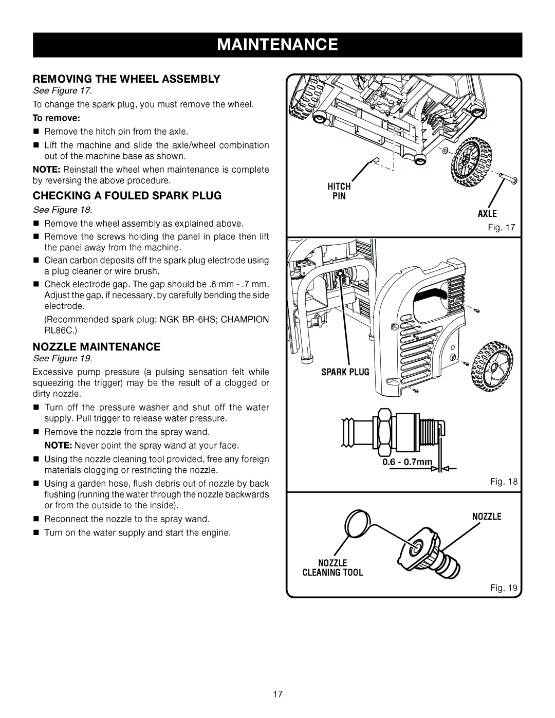 Husky HU80522 manual Removing the Wheel Assembly, Checking a Fouled Spark Plug, Nozzle Maintenance, Axle Spark Plug 