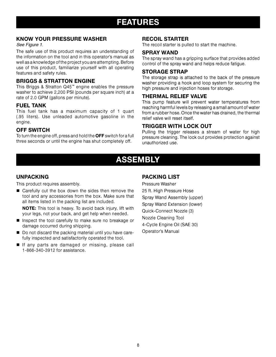 Husky HU80522 manual Features, Assembly 