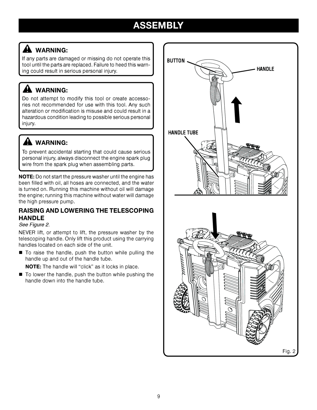 Husky HU80522 manual Raising and Lowering the Telescoping Handle, Handle Tube 