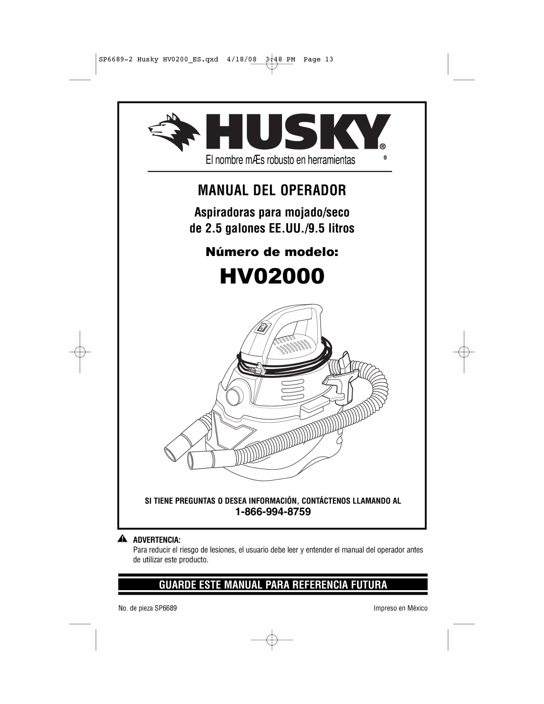 Husky HV02000 manual Número de modelo 