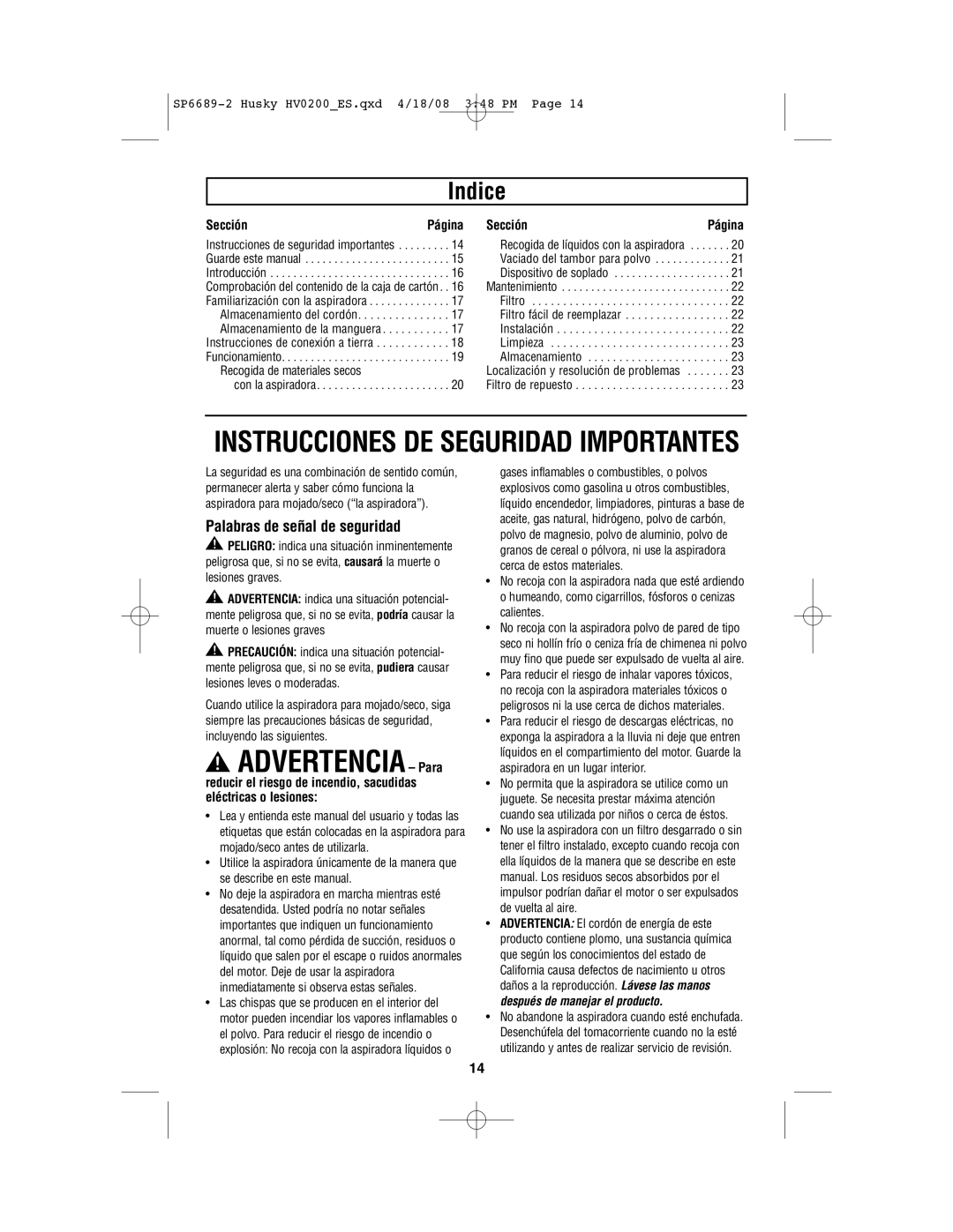 Husky HV02000 manual Indice, Palabras de señal de seguridad, Sección 