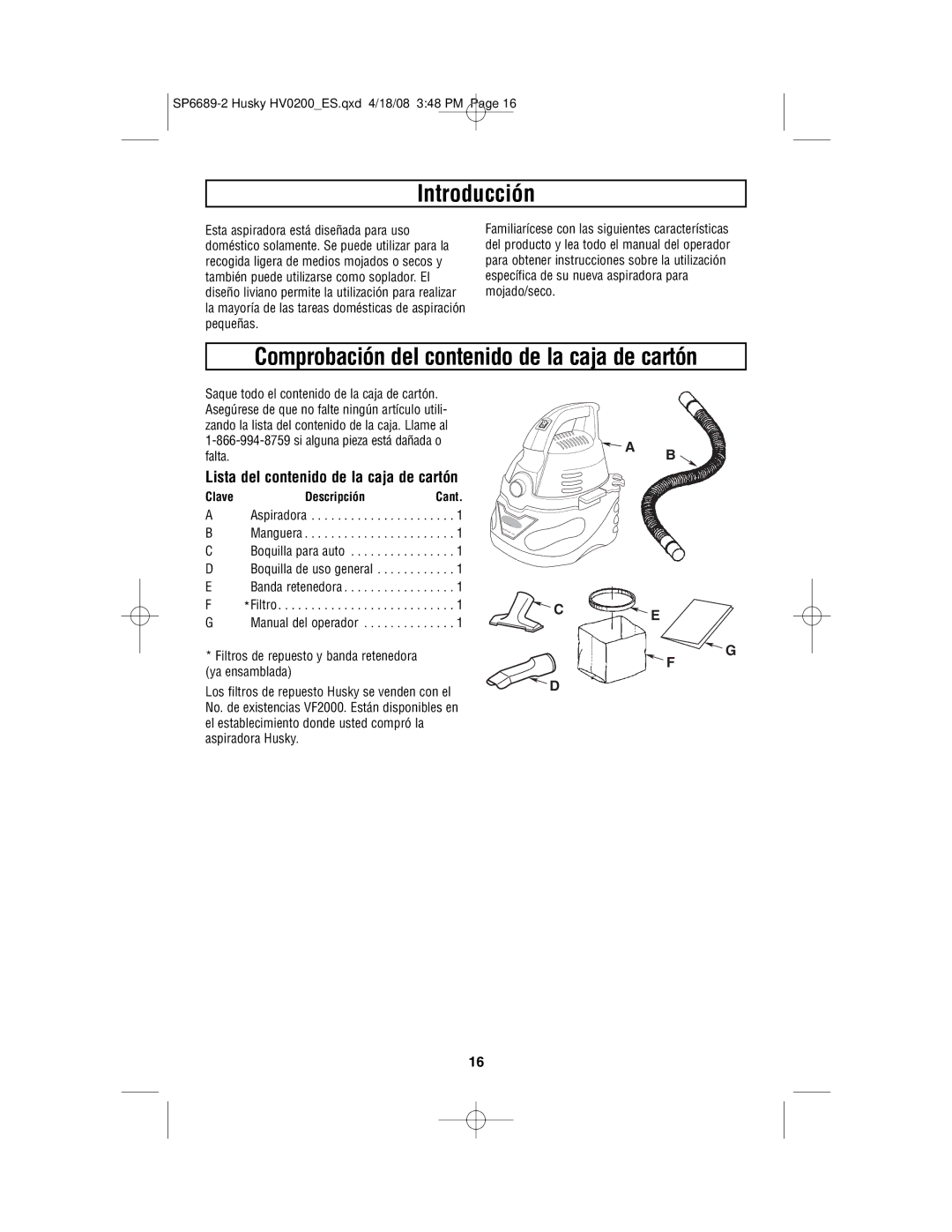 Husky HV02000 Introducción, Comprobación del contenido de la caja de cartón, Lista del contenido de la caja de cartón 