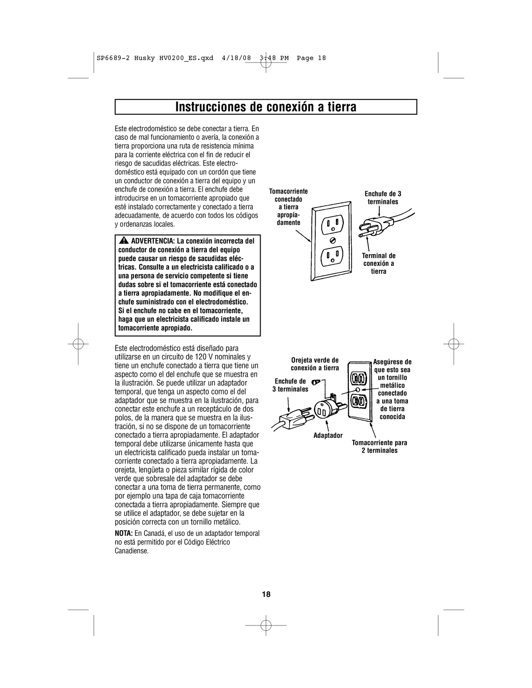 Husky HV02000 manual Instrucciones de conexión a tierra, Tomacorriente Conectado, Enchufe de Terminales 