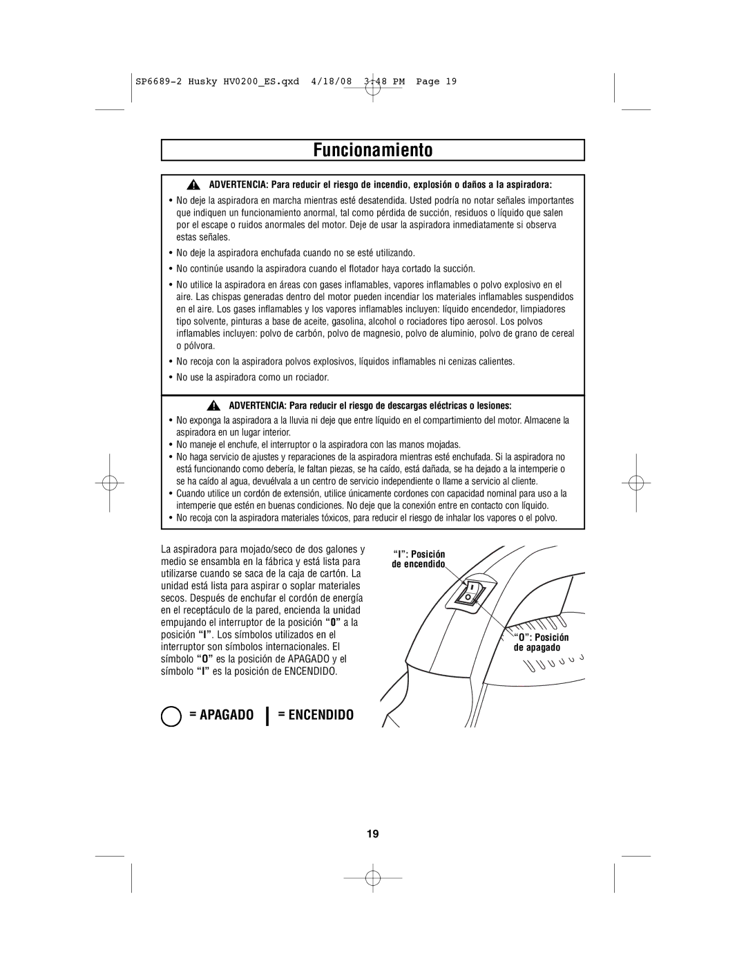 Husky HV02000 manual Funcionamiento 