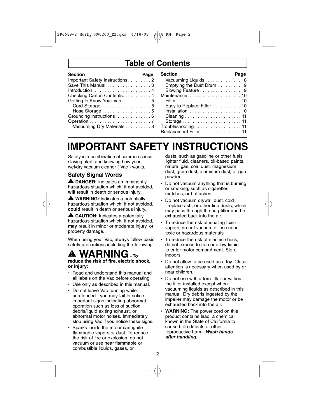 Husky HV02000 manual Important Safety Instructions, Table of Contents 