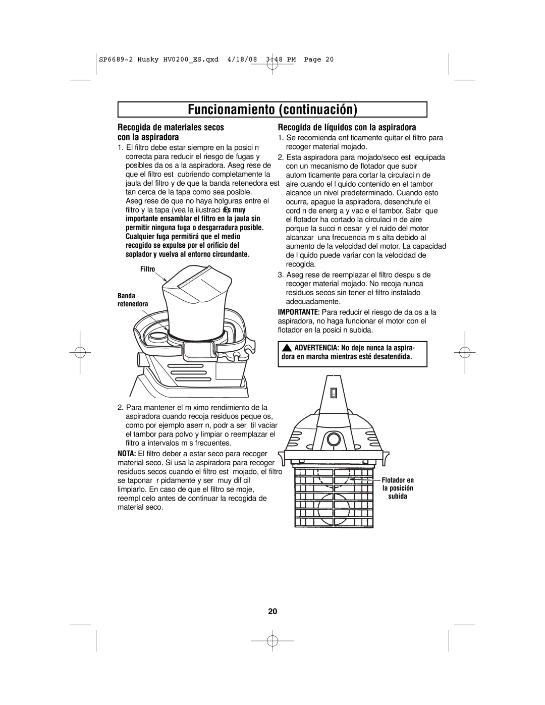 Husky HV02000 manual Funcionamiento continuación, Recogida de materiales secos con la aspiradora, Filtro, Subida Position 