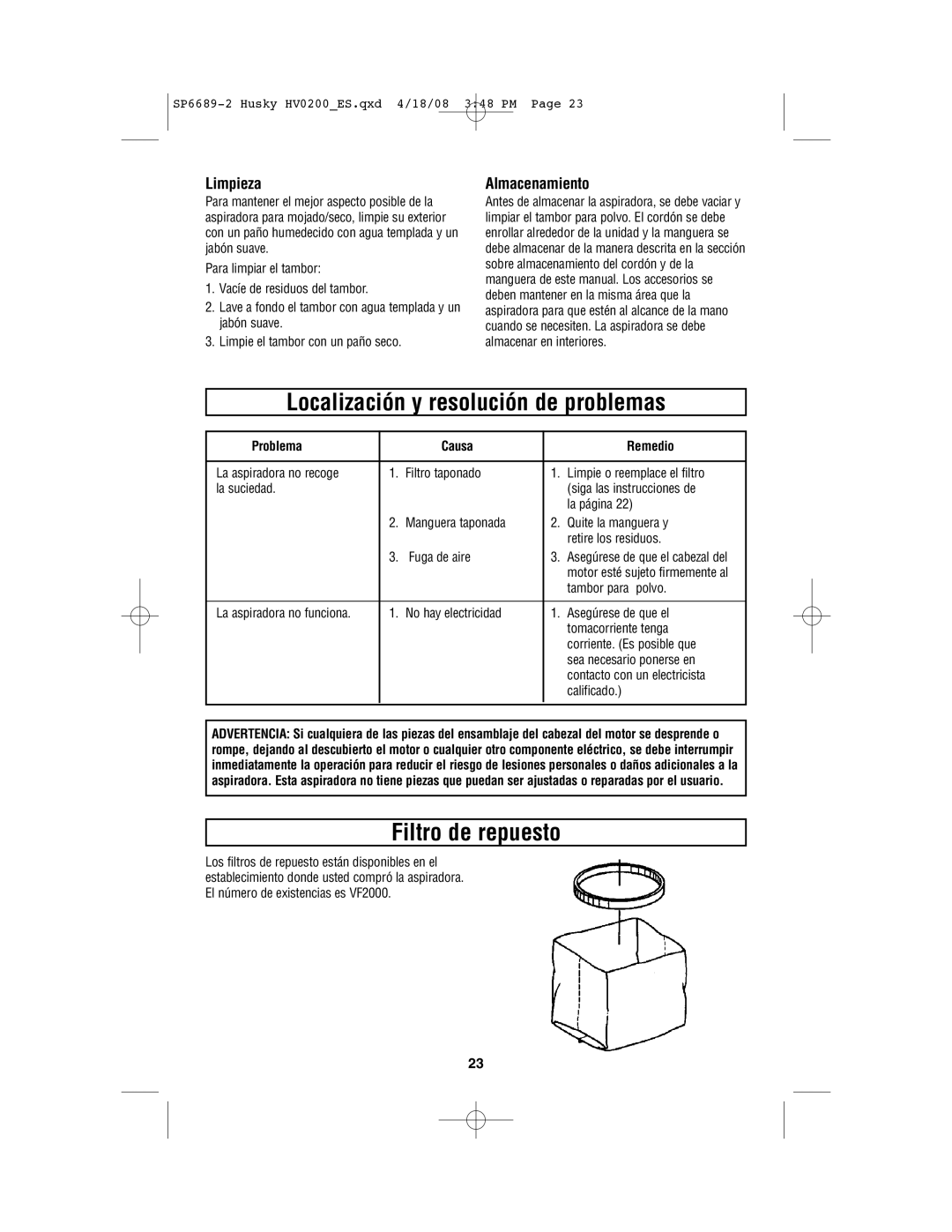 Husky HV02000 Localización y resolución de problemas, Filtro de repuesto, Limpieza, Almacenamiento, Problema Causa Remedio 