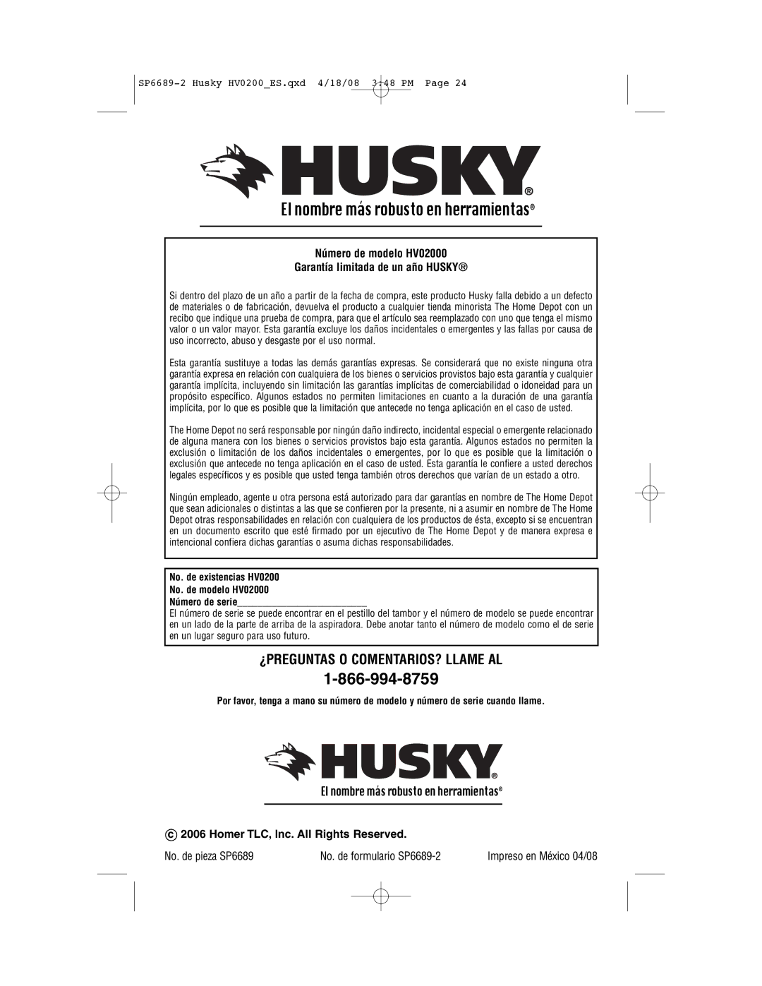 Husky manual El nombre más robusto en herramientas, Número de modelo HV02000 Garantía limitada de un año Husky 