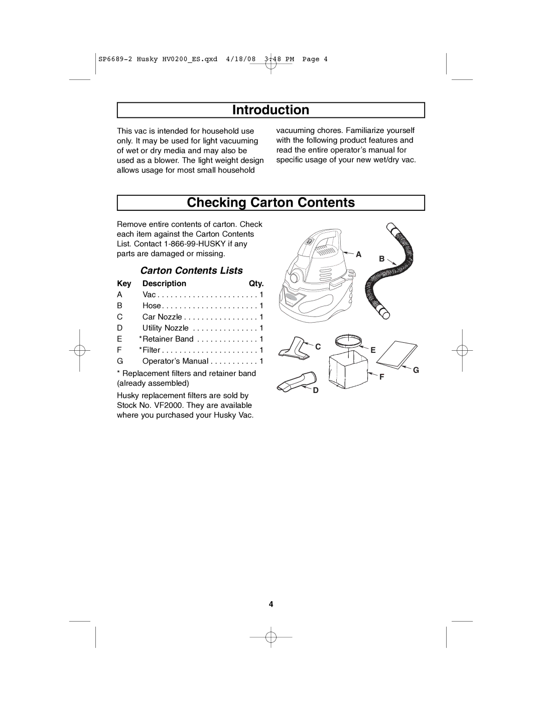 Husky HV02000 manual Introduction, Checking Carton Contents 