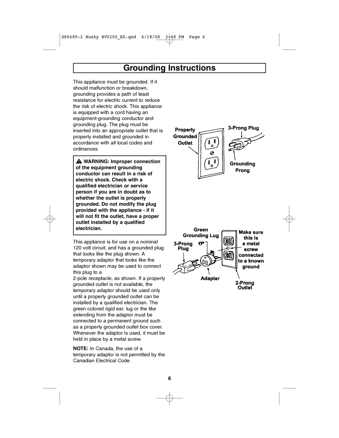 Husky HV02000 manual Grounding Instructions 