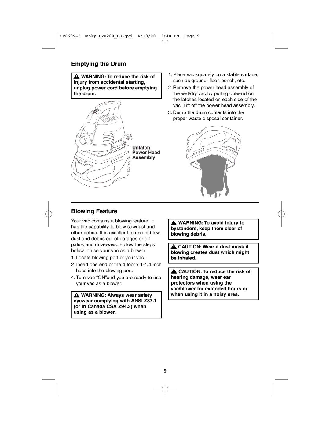 Husky HV02000 manual Emptying the Drum, Blowing Feature, Unlatch Power Head Assembly 