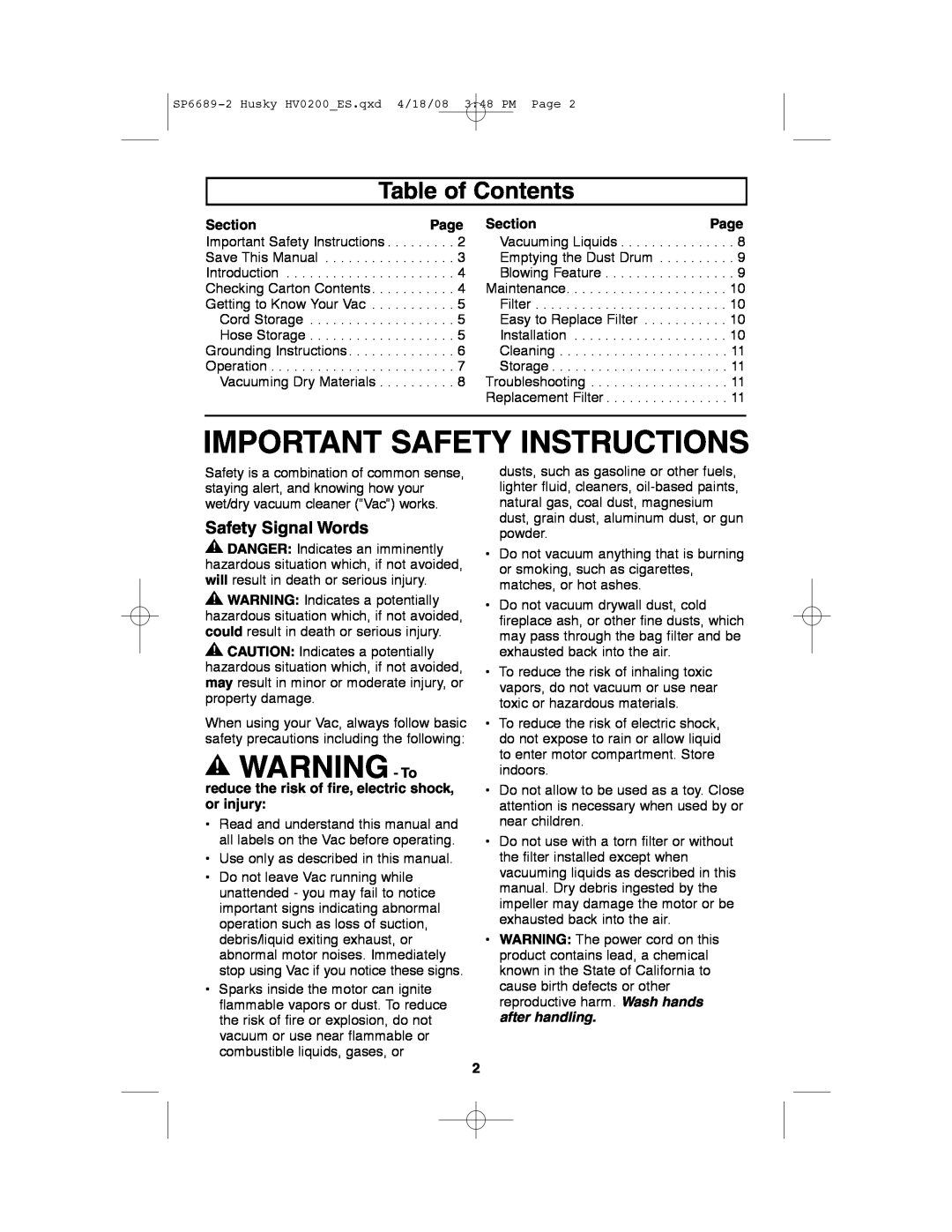 Husky HV02000 manual Important Safety Instructions, WARNING - To, Table of Contents, Safety Signal Words 