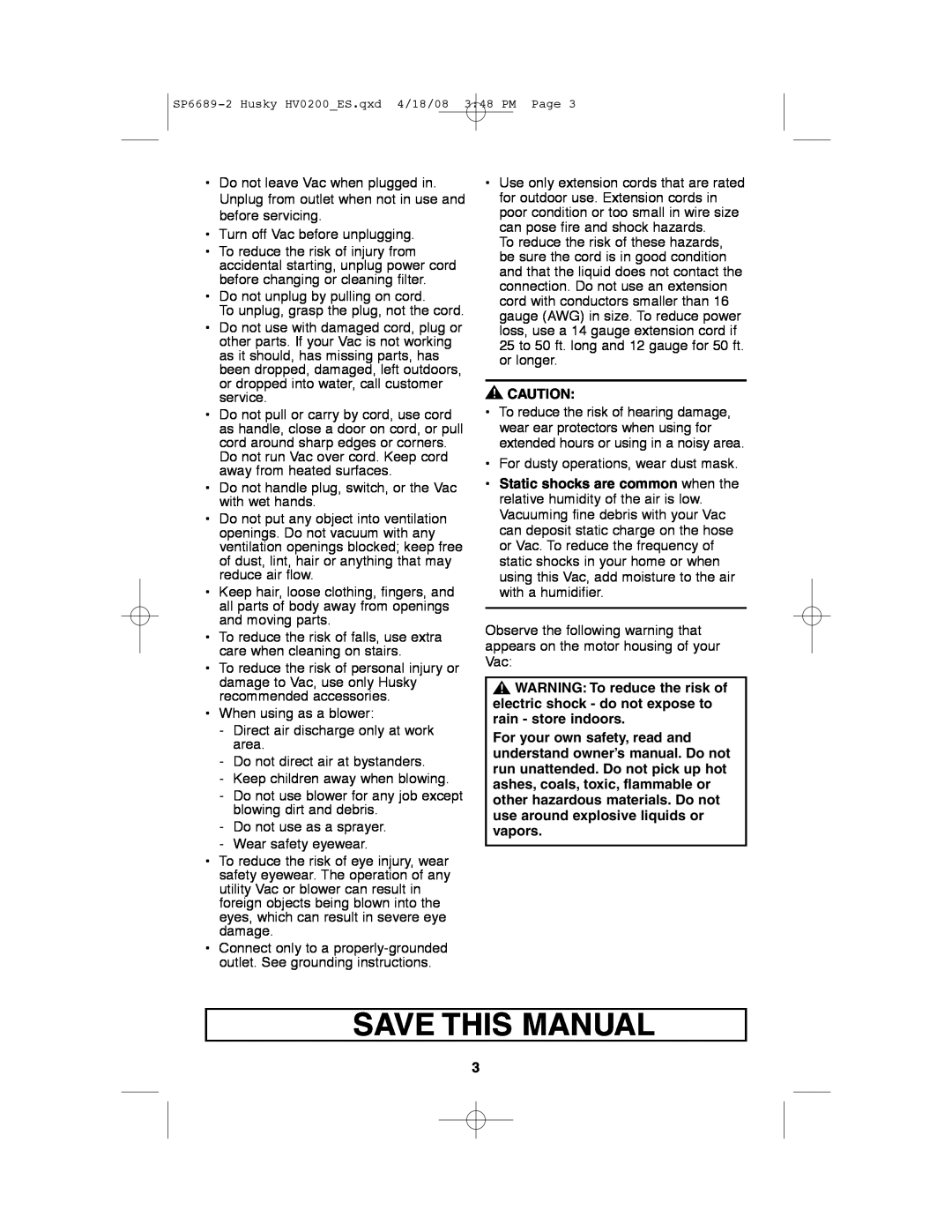 Husky HV02000 manual Save This Manual 