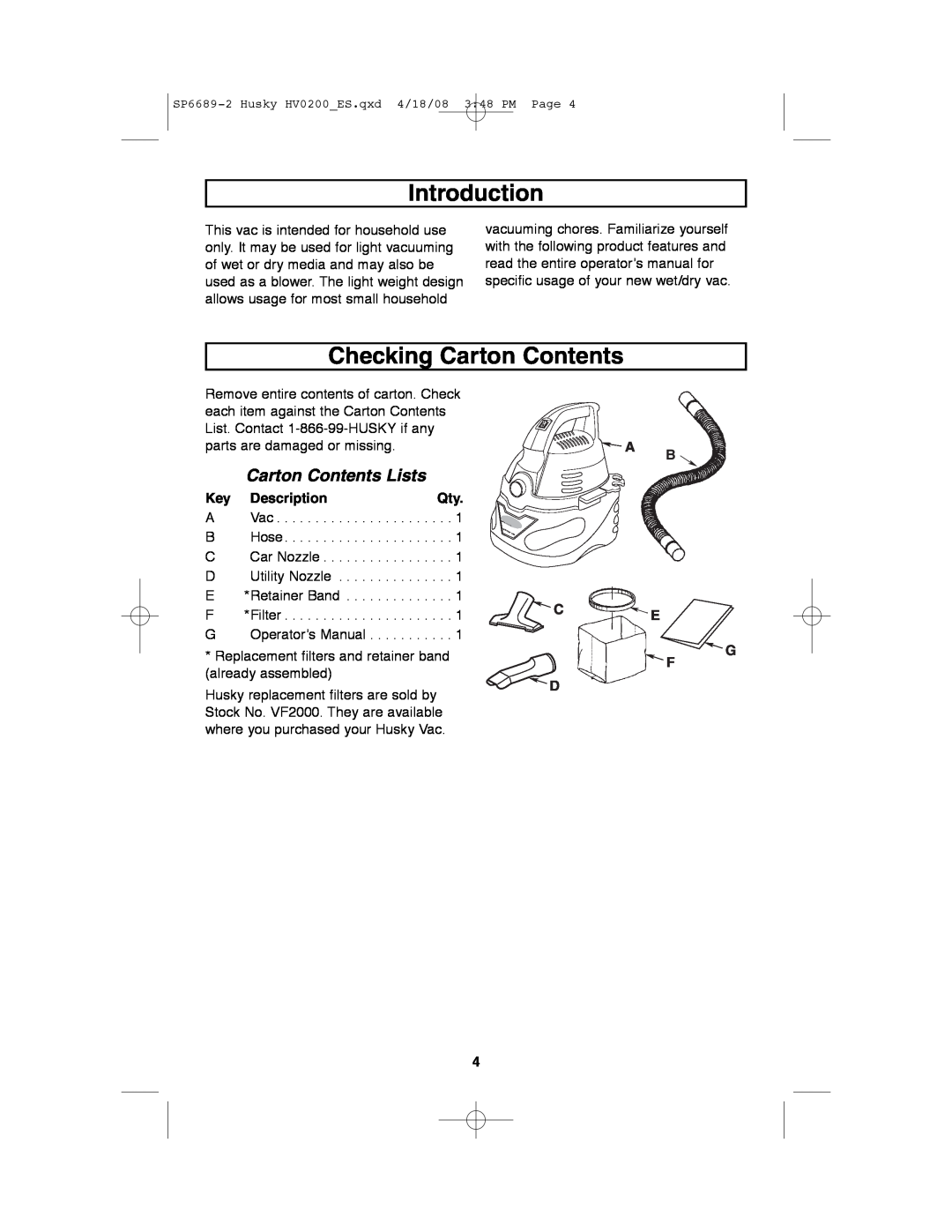 Husky HV02000 manual Introduction, Checking Carton Contents, Carton Contents Lists 