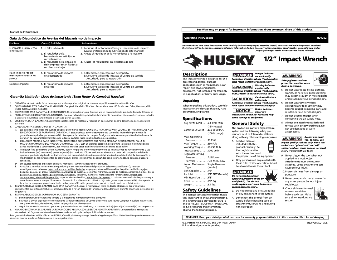 Husky Impact Wrench specifications Description, Specifications, Safety Guidelines, General Safety 