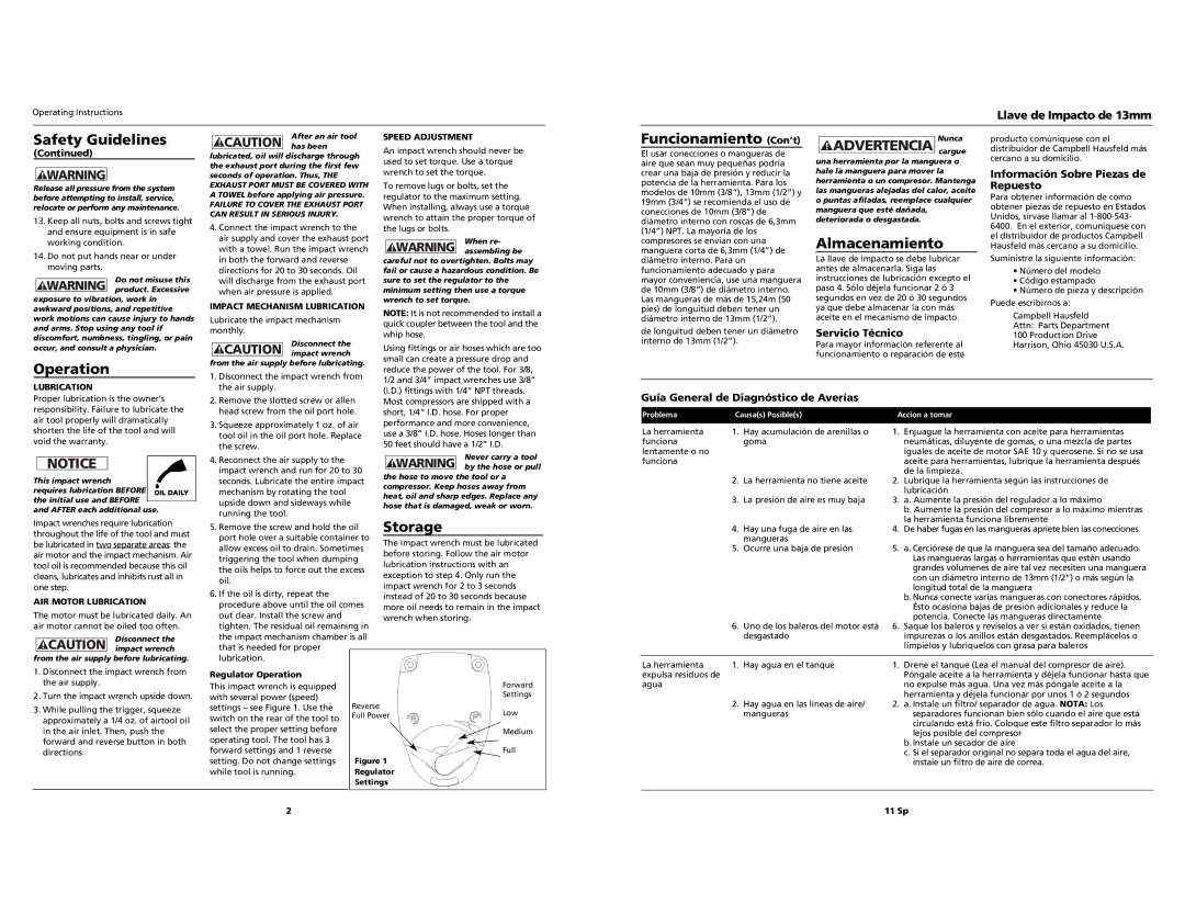 Husky Impact Wrench specifications Operation, Funcionamiento Con’t, Advertencia Nuncacargue, Almacenamiento, Storage 