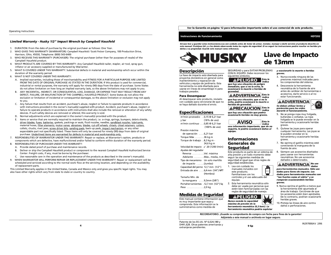 Husky Impact Wrench specifications Llave de Impacto de 13mm, Aviso, Advertencia Ésto le 