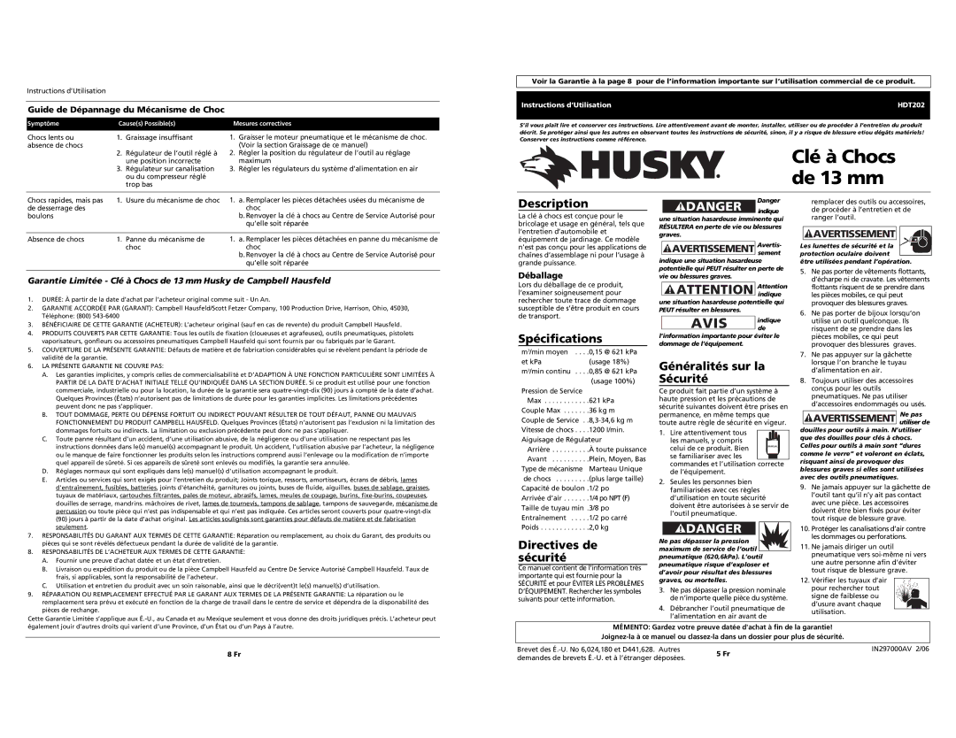 Husky Impact Wrench specifications Avis, Spécifications, Directives de sécurité, Généralités sur la Sécurité 