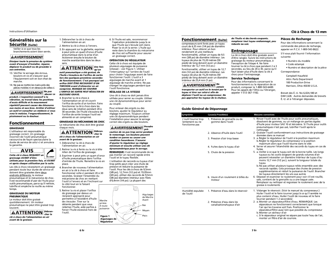 Husky Impact Wrench specifications Avis, Généralités sur la Sécurité Suite, Fonctionnement Suite, Entreposage 