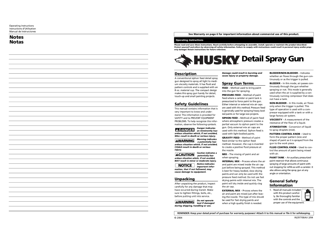 Husky operating instructions Description, Safety Guidelines, Unpacking, Spray Gun Terms, General Safety Information 