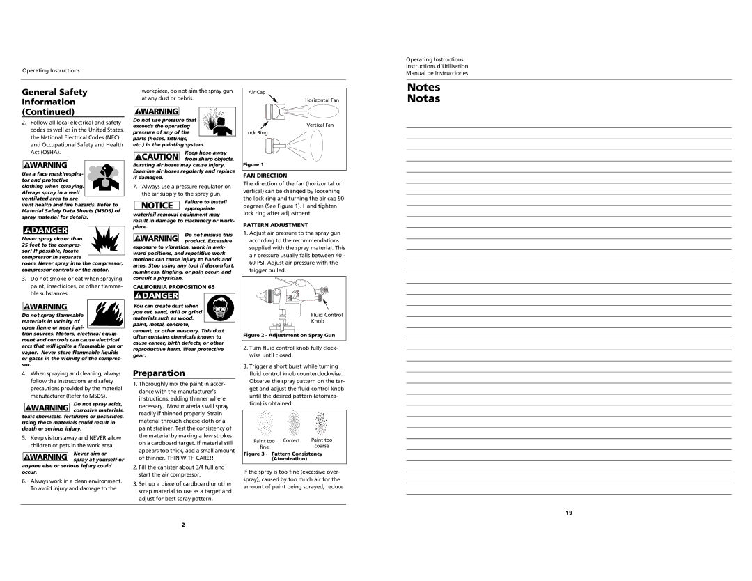 Husky Spray Gun operating instructions Preparation, California Proposition, FAN Direction, Pattern Adjustment 