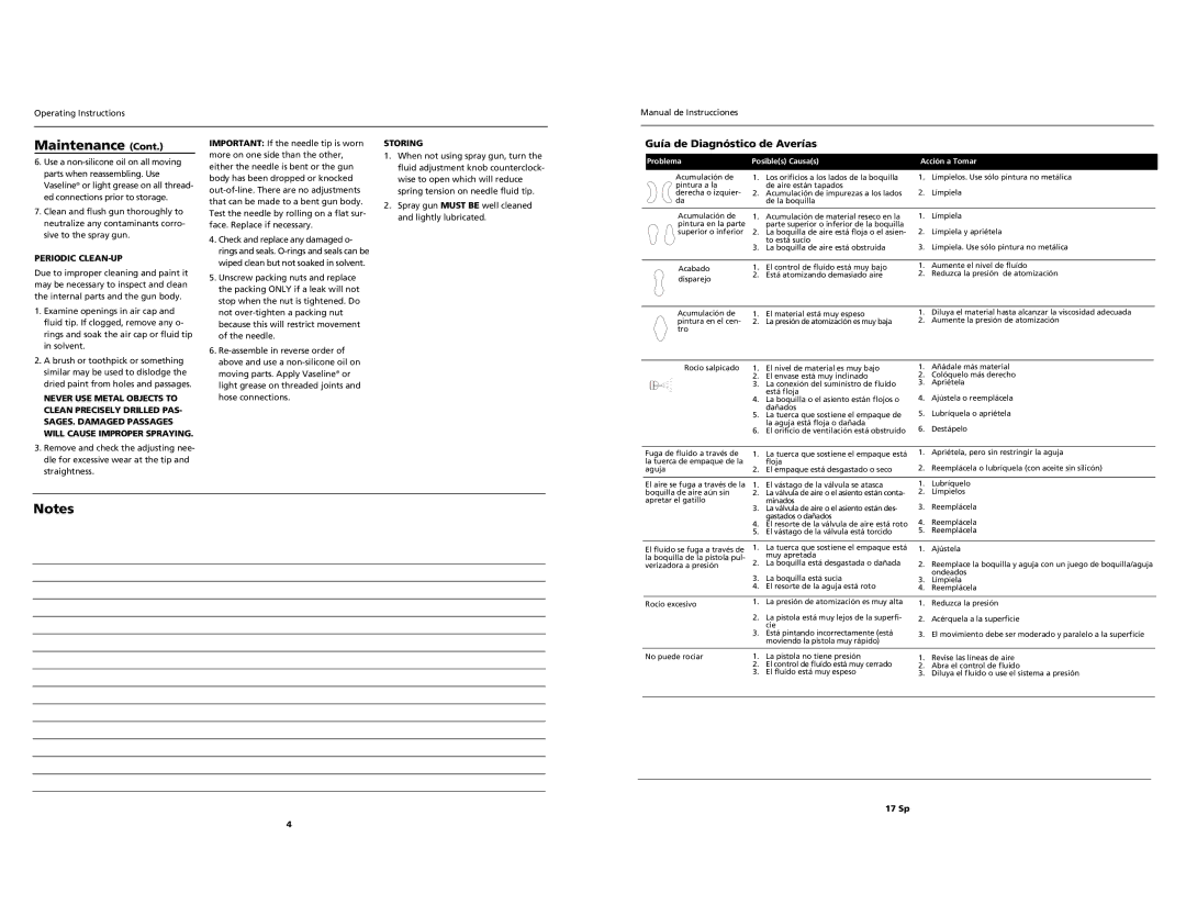 Husky Spray Gun operating instructions Guía de Diagnóstico de Averías, Periodic CLEAN-UP, Storing 