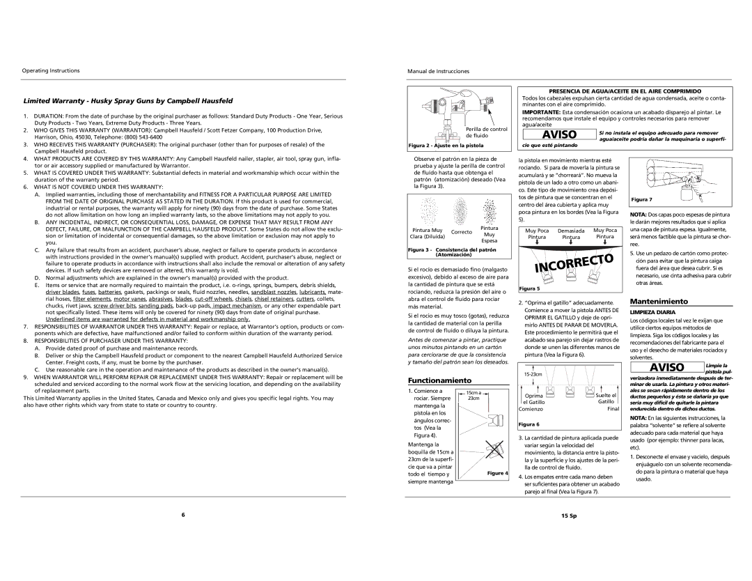 Husky Spray Gun Functionamiento, Presencia DE AGUA/ACEITE EN EL Aire Comprimido, What is not Covered Under this Warranty 