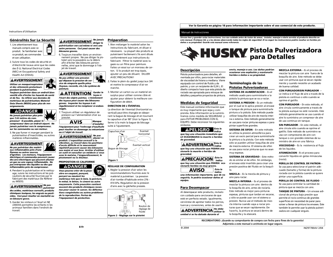 Husky Spray Gun operating instructions Avertissement Ne pas 