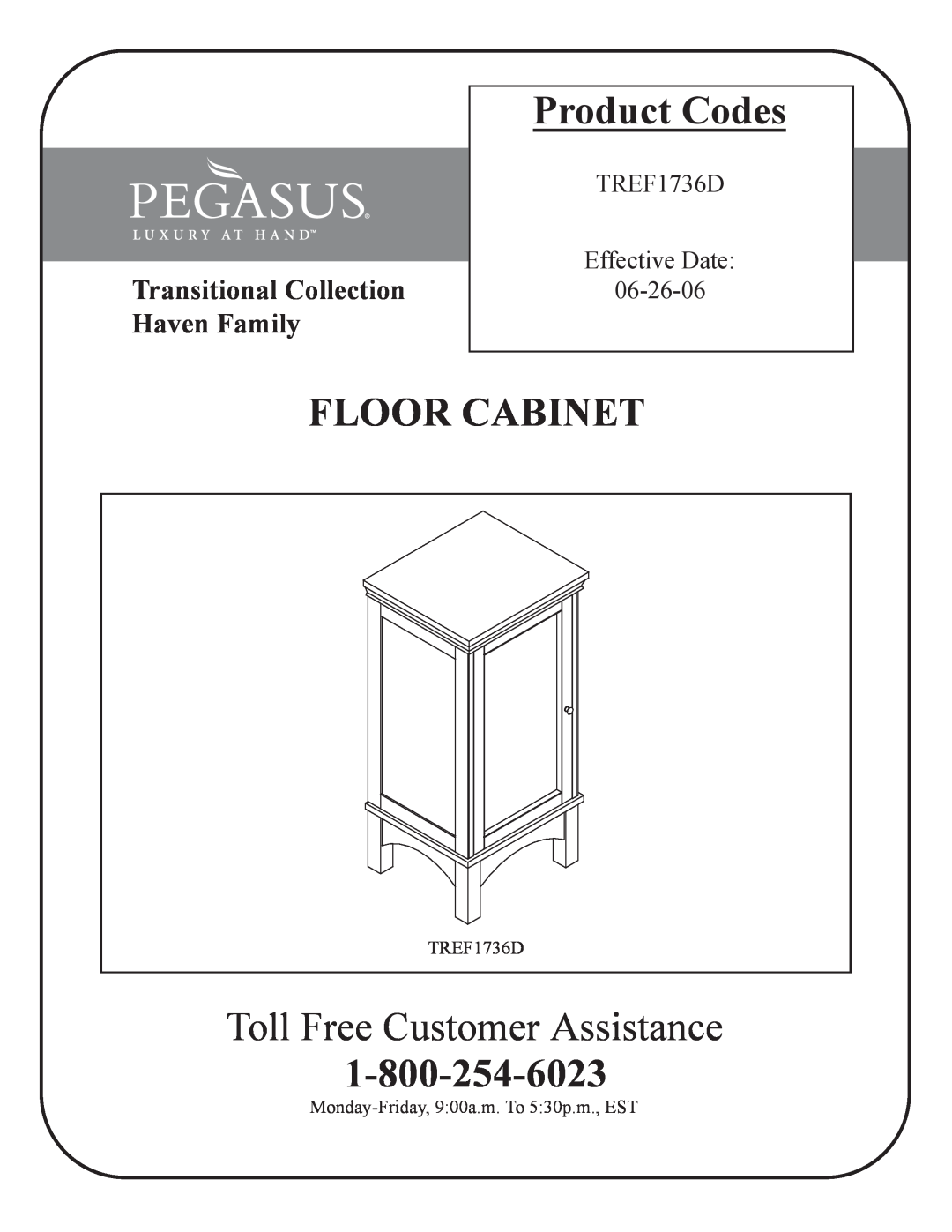 Husky TREF1736D manual Product Codes, Floor Cabinet, Toll Free Customer Assistance, Transitional Collection Haven Family 