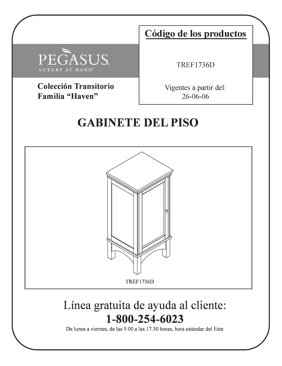 Husky TREF1736D manual Gabinete Del Piso, Línea gratuita de ayuda al cliente, Colección Transitorio Familia “Haven” 