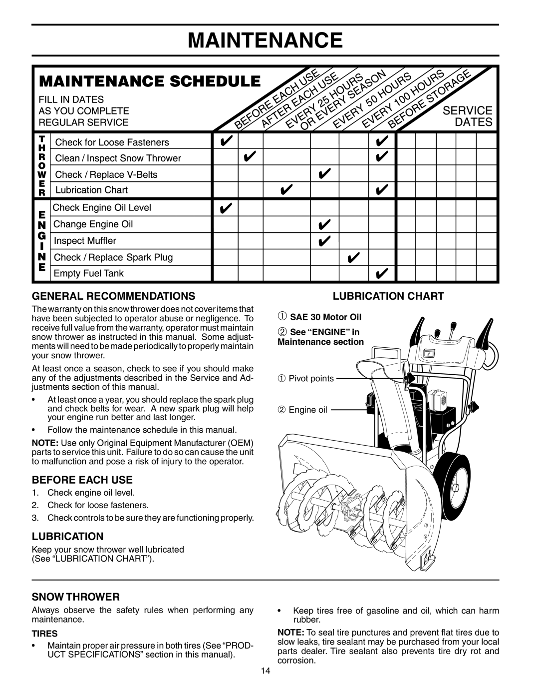 Husqvarna 1027STE Maintenance, General Recommendations, Before Each Use, Snow Thrower, Lubrication Chart, Tires 