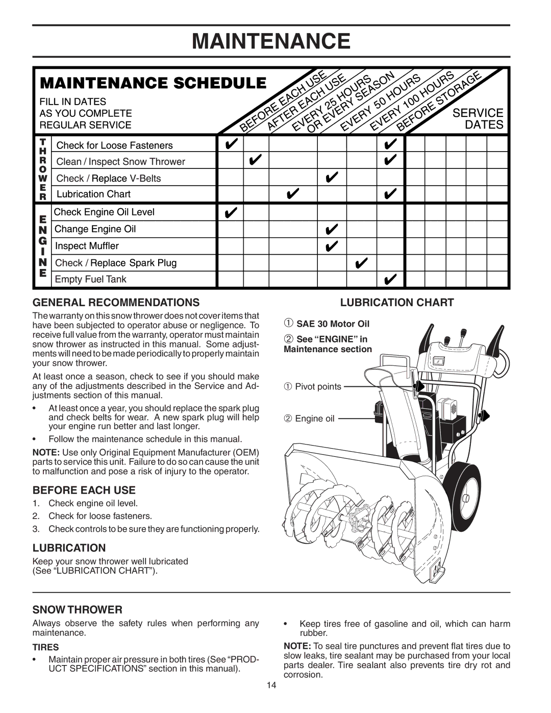 Husqvarna 1027STE owner manual Maintenance, General Recommendations, Before Each USE, Lubrication, Snow Thrower 