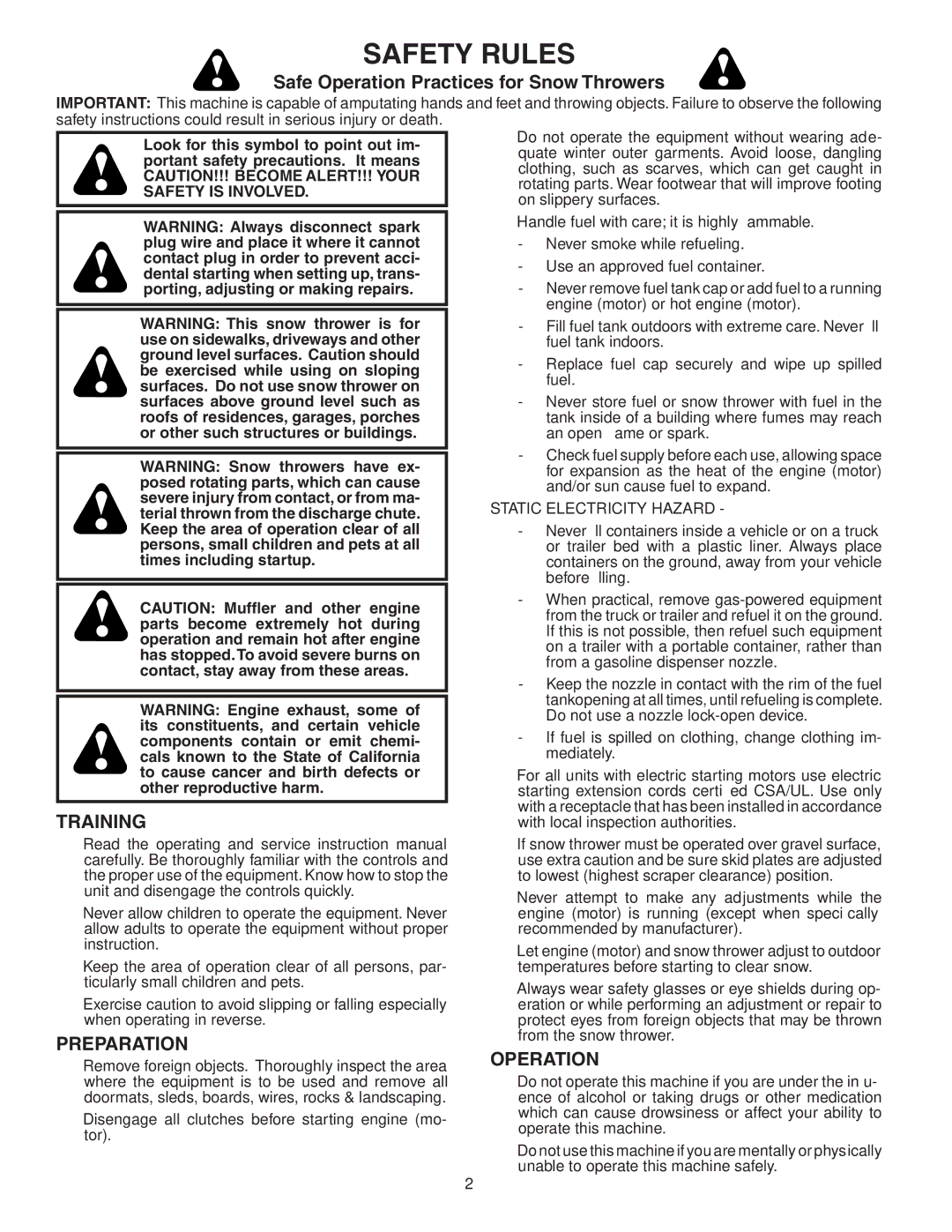 Husqvarna 1027STE owner manual Training, Preparation, Operation, Static Electricity Hazard 