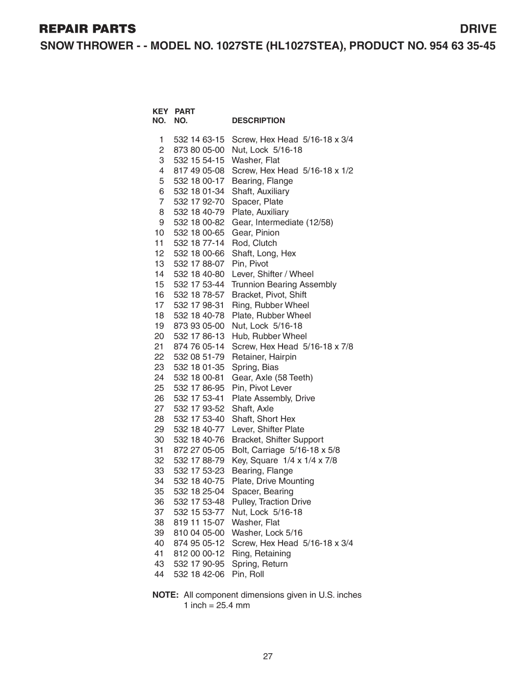 Husqvarna 1027STE owner manual Repair Parts 