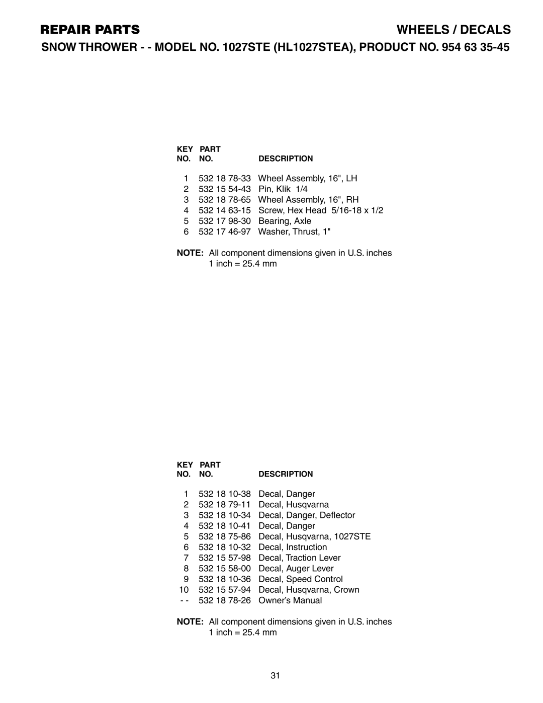 Husqvarna 1027STE owner manual 532 18 78-33 Wheel Assembly, 16, LH 